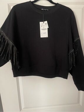 Zara Black Crewneck Sweatshirt with fringes and rhinestones!
